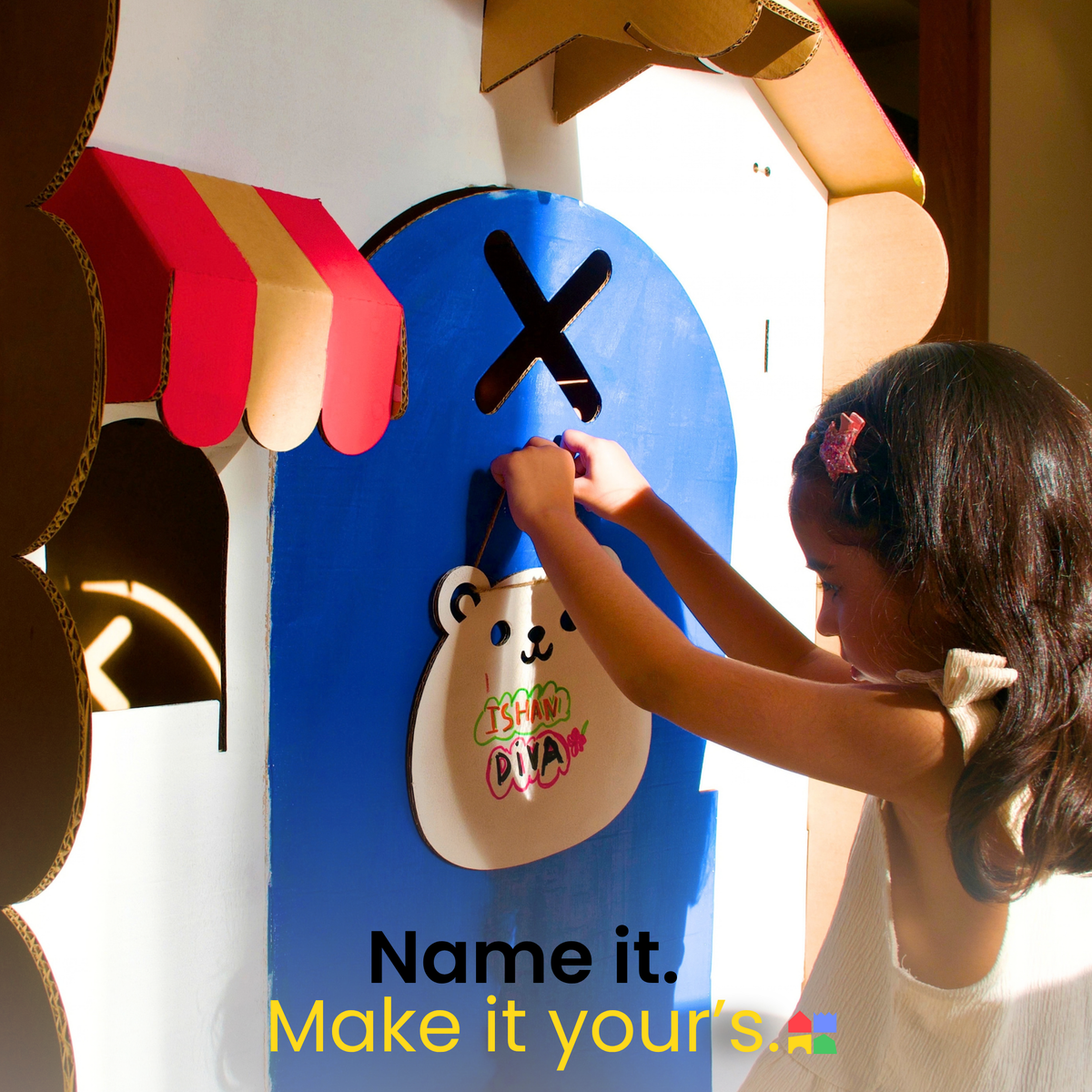 Personalised bear name plate on the door of a DUDUK Tree House