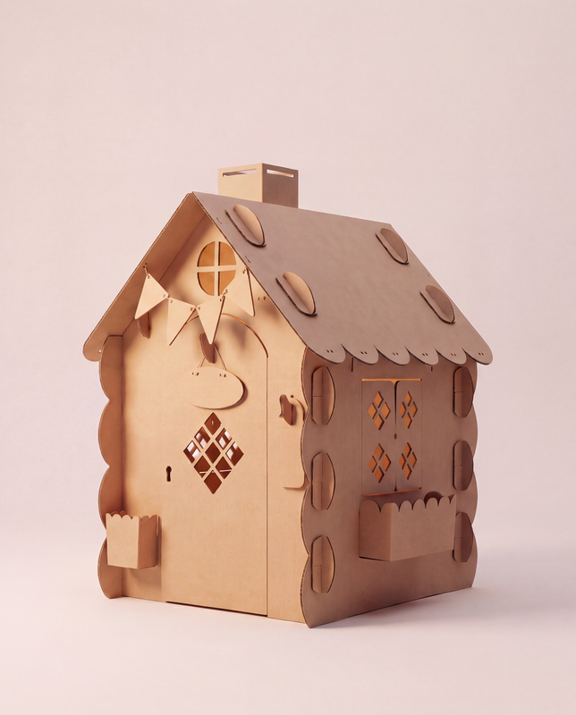 DUDUK Cubby House — life-size paintable playhouse with chimney and flower pots — DUDUK