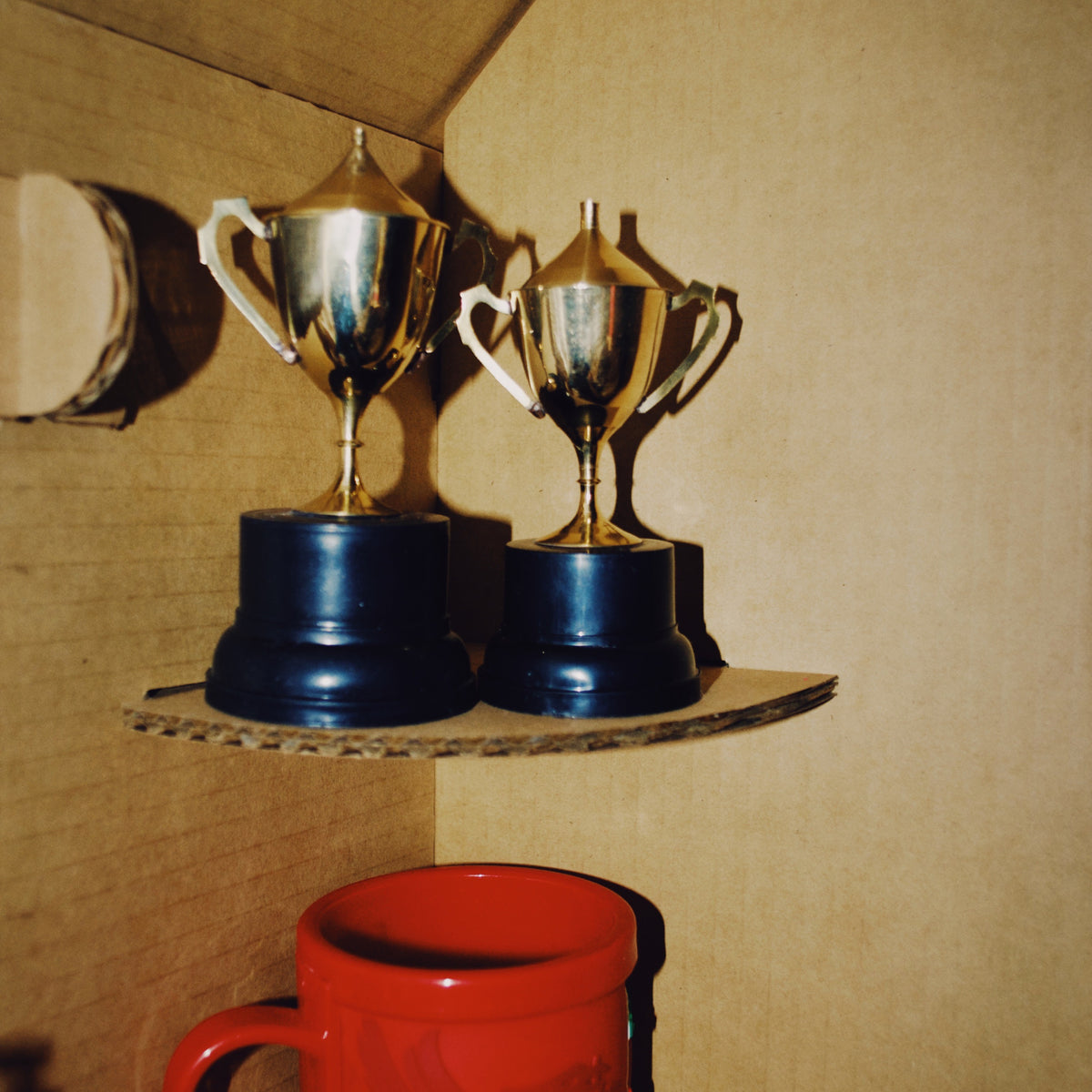 Trophies and a mug on the shelf of a football-themed DUDUK Cubby House