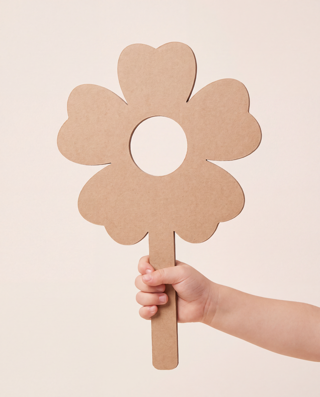 Child holding a paintable flower from the DUDUK flower kit — DUDUK