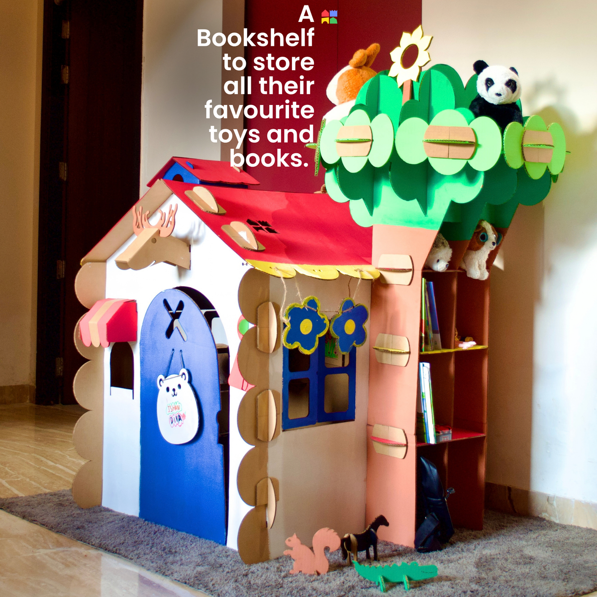 Books and toys on the trunk bookshelf of a DUDUK Tree House