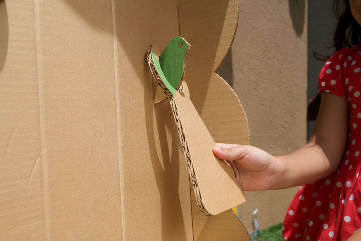 Child fitting a kraft bird onto a DUDUK playhouse